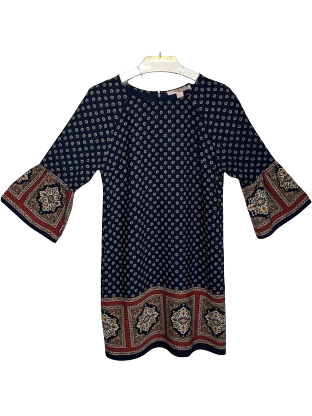 FOREVER 21 Contemporary Navy Blue Boho Floral Print Bell Sleeve DressSize Small